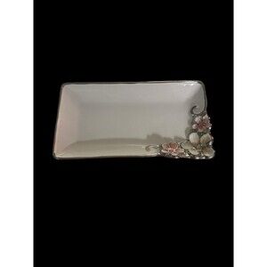 Floral Ceramic Trinket Tray with Silver Rim Pink Flower Vanity Dish Shabby Chic